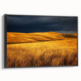 Framed canvas artwork depicting a serene countryside landscape in vibrant colors, featuring rolling hills and a blue sky, showcased from a black side view angle.