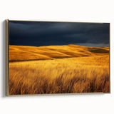 Framed canvas artwork depicting a serene countryside landscape with lush green fields and golden accents, showcasing a side view with elegant frame details.
