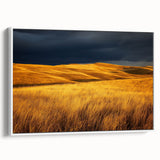 Framed canvas artwork depicting a serene countryside landscape with rolling hills and vibrant greenery, showcased from a white side view for a modern decor aesthetic.