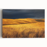 Stretched canvas artwork depicting a serene countryside landscape with rolling hills, vibrant greenery, and a clear blue sky, perfect for home decor enhancement.