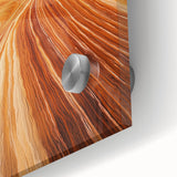 Vibrant close-up of a desert landscape acrylic glass artwork, showcasing warm hues of orange and yellow with intricate details that evoke the serene beauty of arid environments. Ideal for modern home decor and art enthusiasts.