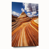 Acrylic glass artwork depicting a vibrant desert landscape, showcasing warm tones of orange and yellow with intricate details, ideal for modern home decor.