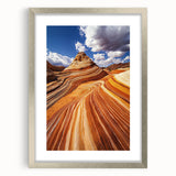 Desert landscape framed in a sleek silver mat, showcasing vibrant colors and intricate details, perfect for adding a modern touch to any room decor.