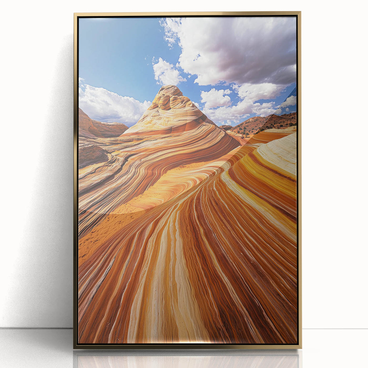 Framed acrylic art depicting a vibrant desert landscape with golden hues, showcasing intricate details and textures, ideal for modern home decor.