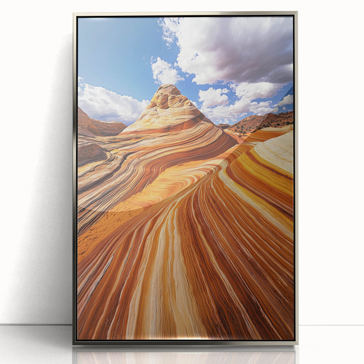 Framed acrylic artwork showcasing a stunning desert landscape with vibrant colors and intricate details, perfect for modern home decor or office spaces.