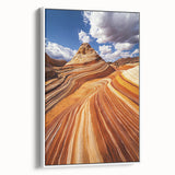 Framed canvas art depicting a vibrant desert landscape with warm hues of orange and yellow, showcasing cacti and distant mountains, ideal for modern home decor.