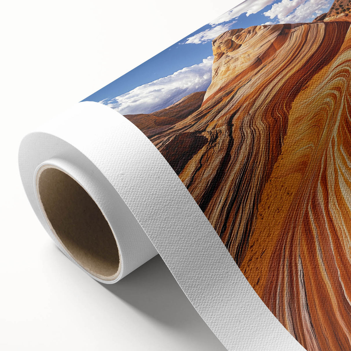 Desert landscape rolled canvas art showcasing vibrant hues of orange and yellow with intricate details, neatly packaged in a protective cardboard tube for safe shipping.
