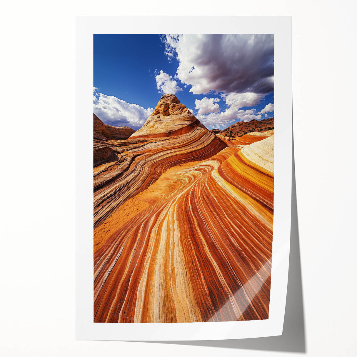 Desert landscape rolled print showcasing vibrant hues of orange and yellow under a bright blue sky, elegantly packaged in a protective cardboard tube for easy transport.