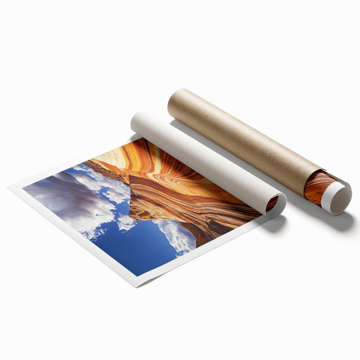 Desert landscape rolled print showcasing vibrant hues of orange and gold, featuring dramatic rock formations under a bright blue sky, ideal for home decor.