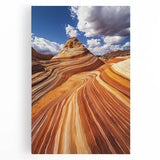 Vibrant desert landscape stretched canvas artwork showcasing warm hues of red and orange, ideal for modern home decor, enhancing interior aesthetics with natural beauty.