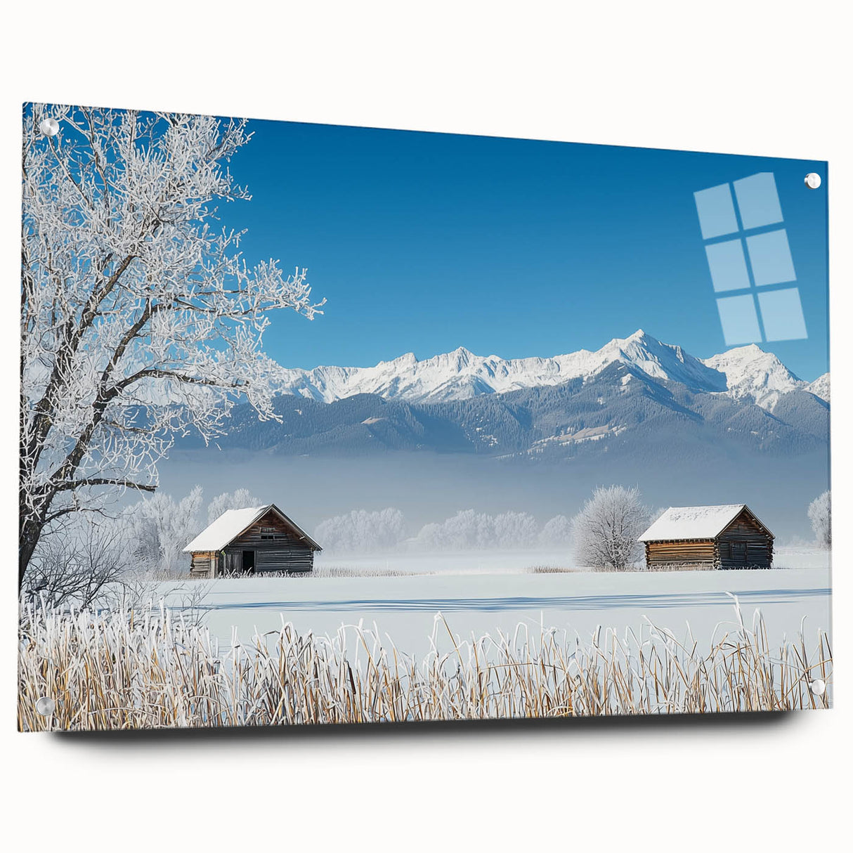 Acrylic landscape art print showcasing vibrant fields in rich colors, displayed in a modern glass frame with pins for secure mounting, perfect for home decor.