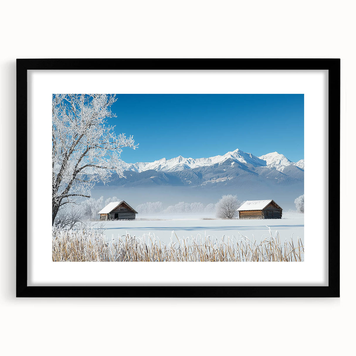 Black framed landscape art featuring vibrant green fields and dramatic skies, elegantly matted for a sophisticated look, ideal for home or office decor.