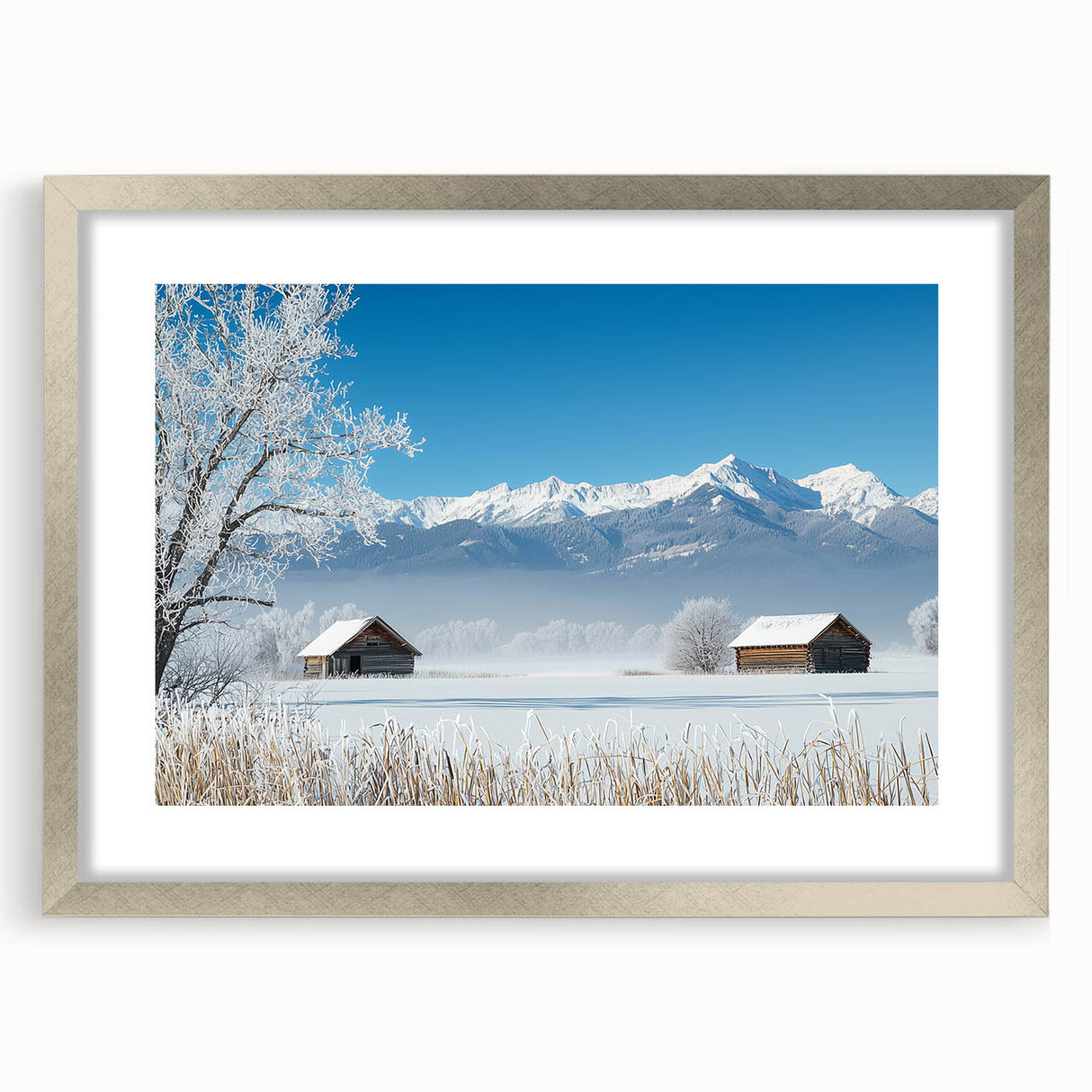 Silver-framed landscape artwork showcasing vibrant fields and natural scenery, elegantly matted for a polished presentation, perfect for home decor.