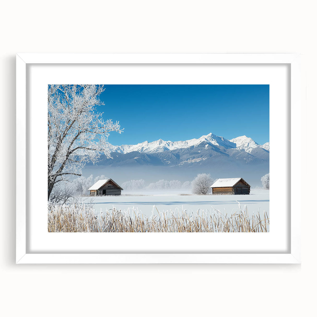 White-framed landscape artwork featuring vibrant green fields under a clear blue sky, designed to enhance interior decor with a serene nature theme.