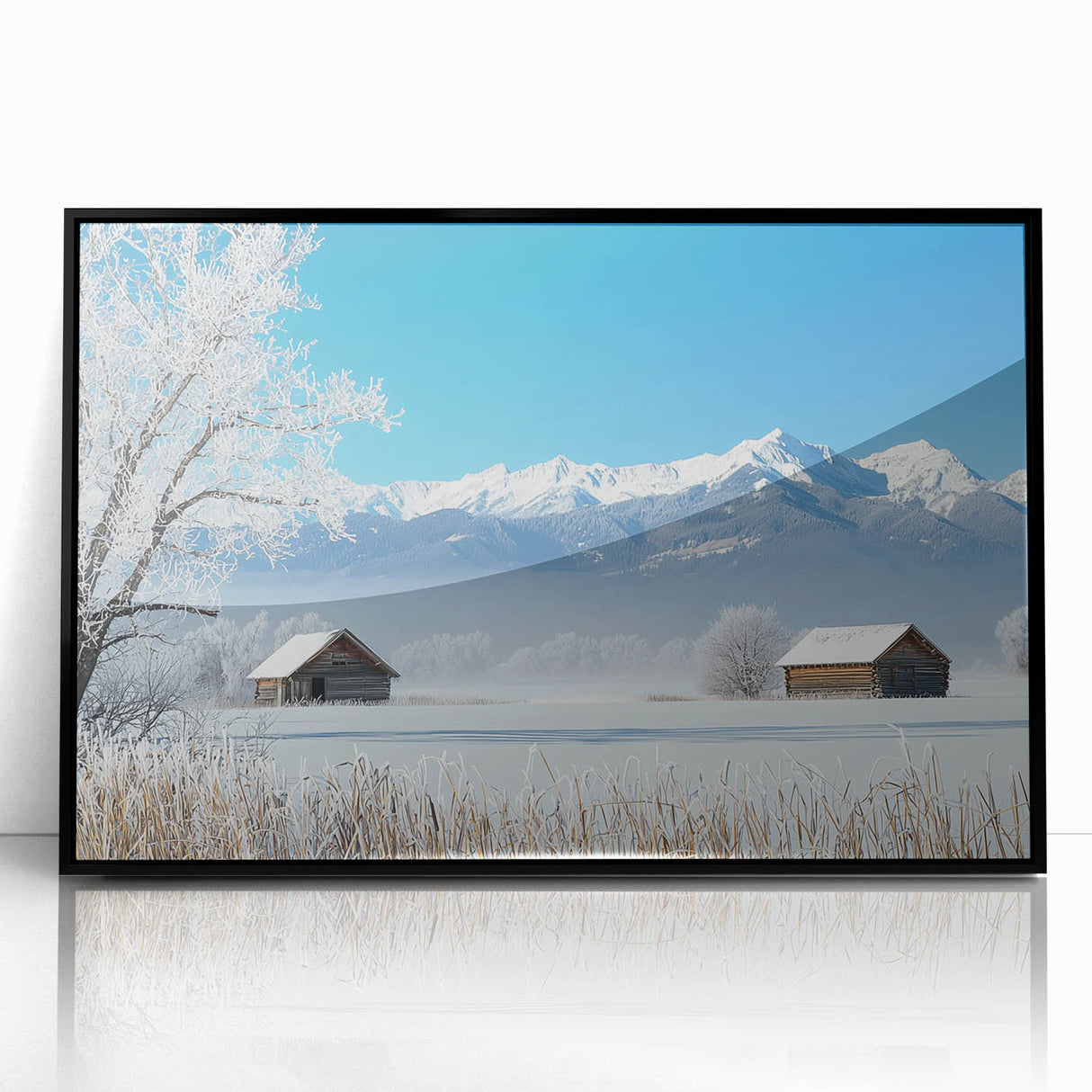Framed acrylic landscape artwork showcasing vibrant green fields under a clear blue sky, with a sleek black frame, perfect for modern home decor.