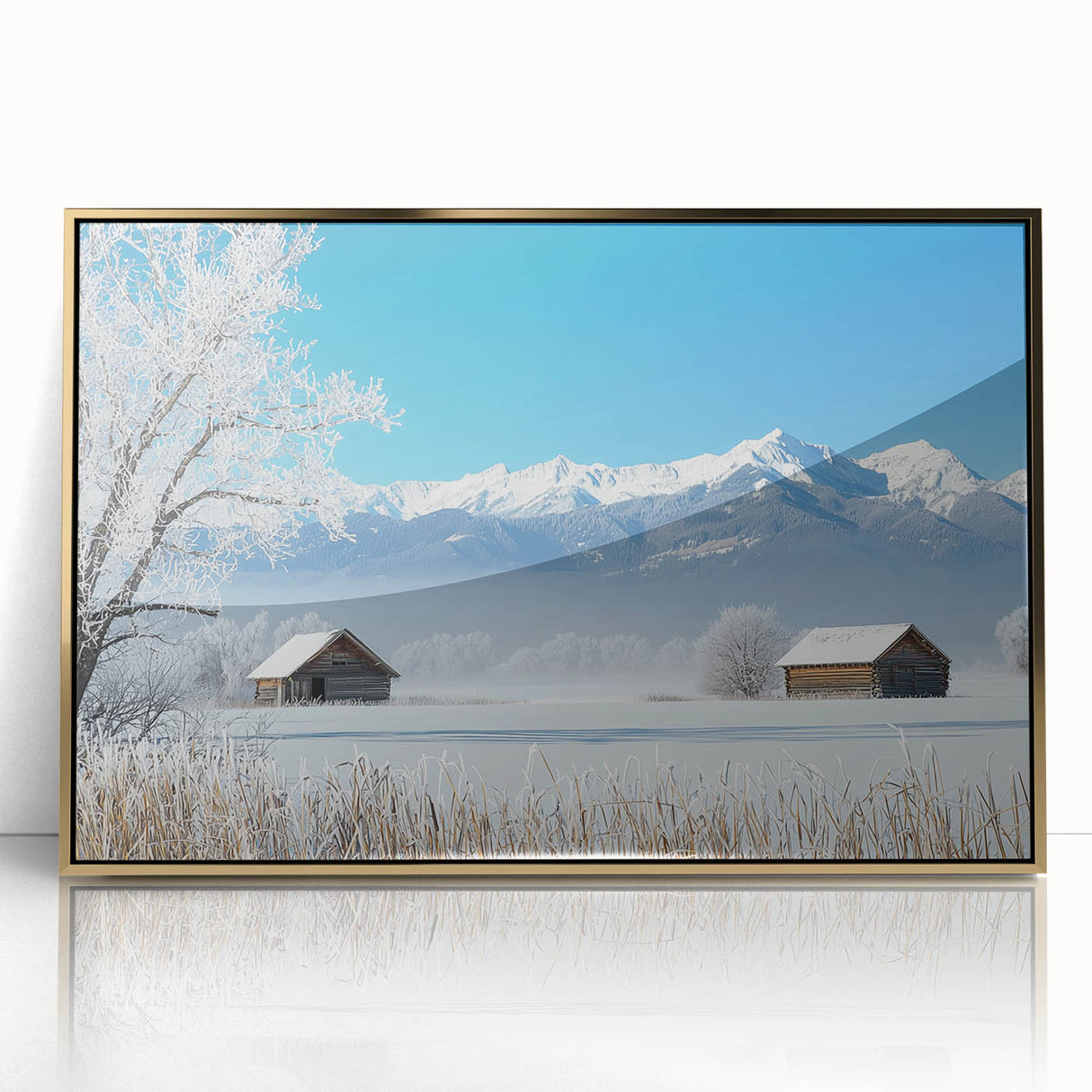 Framed acrylic artwork showcasing a serene landscape with golden hues, set against a modern white background. Perfect for enhancing home decor and creating a calming atmosphere.