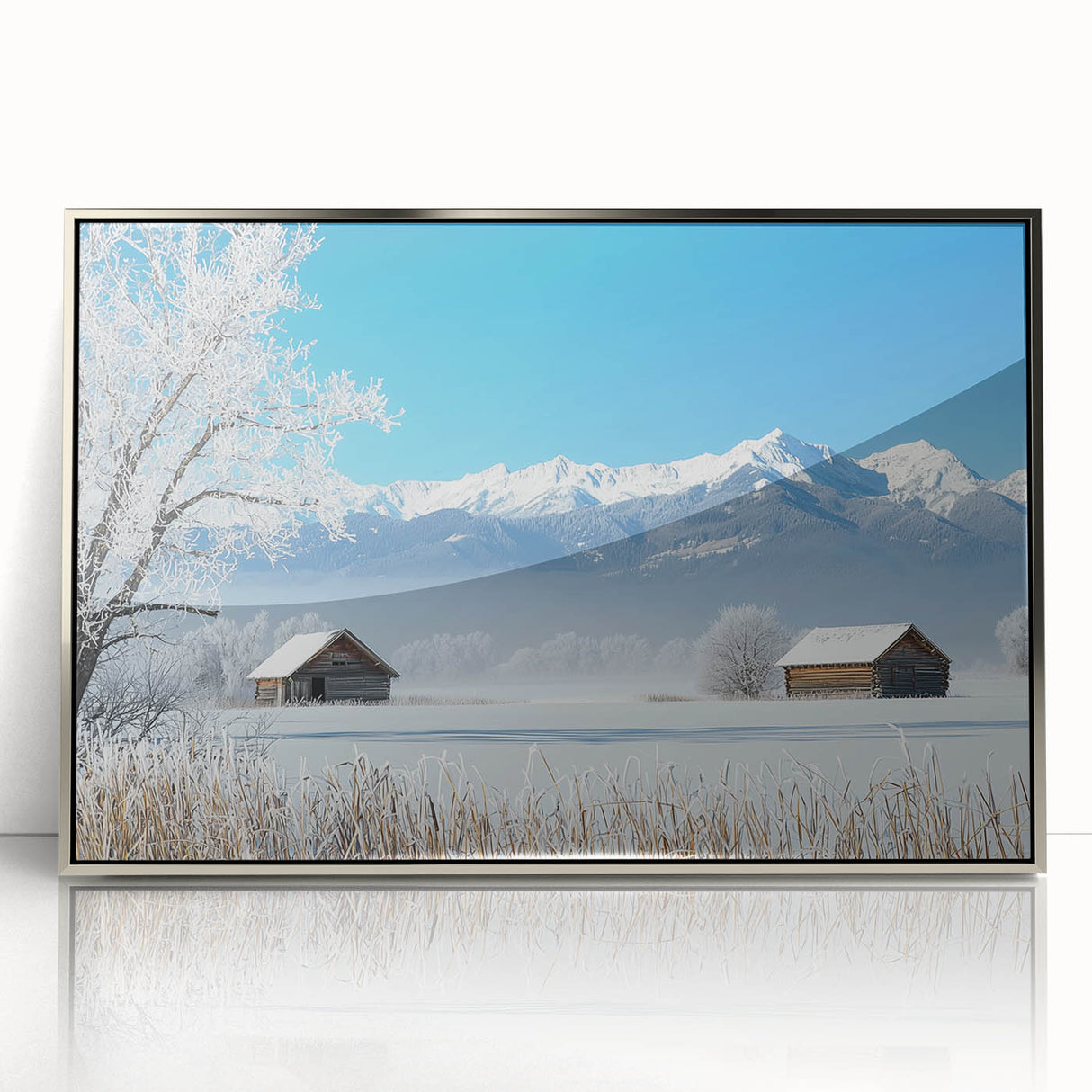 Framed acrylic artwork depicting a serene landscape of lush green fields under a clear blue sky, ideal for home decor or office wall enhancement.