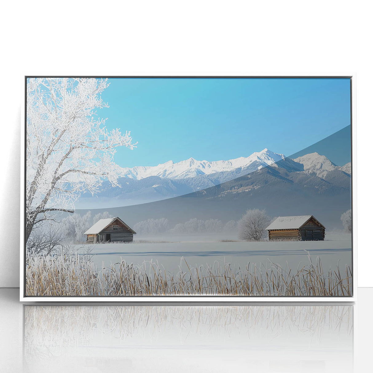 Framed acrylic artwork depicting a serene landscape of vibrant green fields under a clear blue sky, set in a sleek white frame for modern decor. Ideal for enhancing home or office spaces with a calming nature theme.