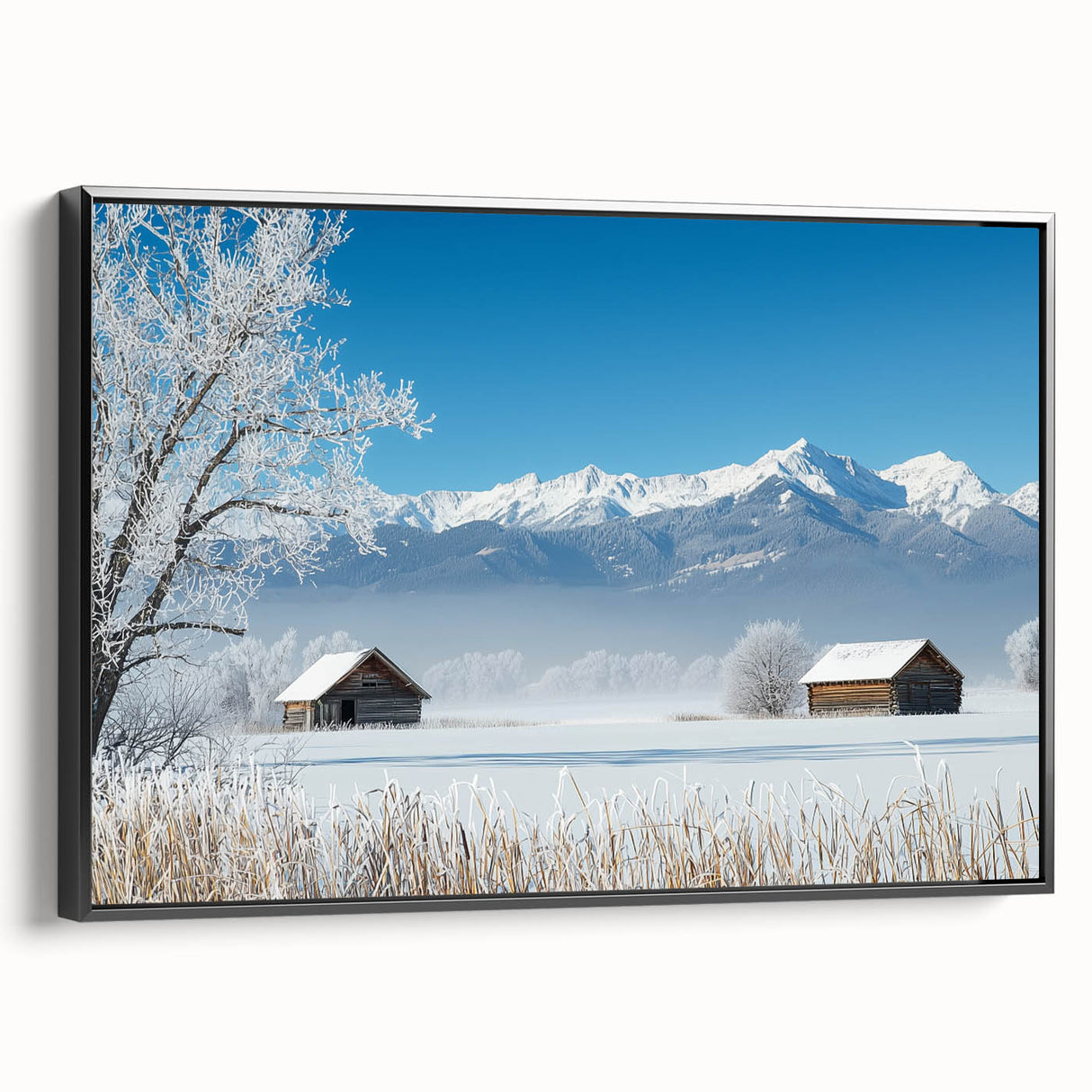 Framed black canvas featuring a vibrant landscape design with lush green fields and a bright blue sky, showcasing modern home decor for nature enthusiasts.