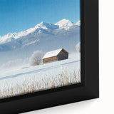Close-up of a framed landscape canvas print showcasing vibrant green fields under a bright blue sky, ideal for home decor and nature-themed interiors.