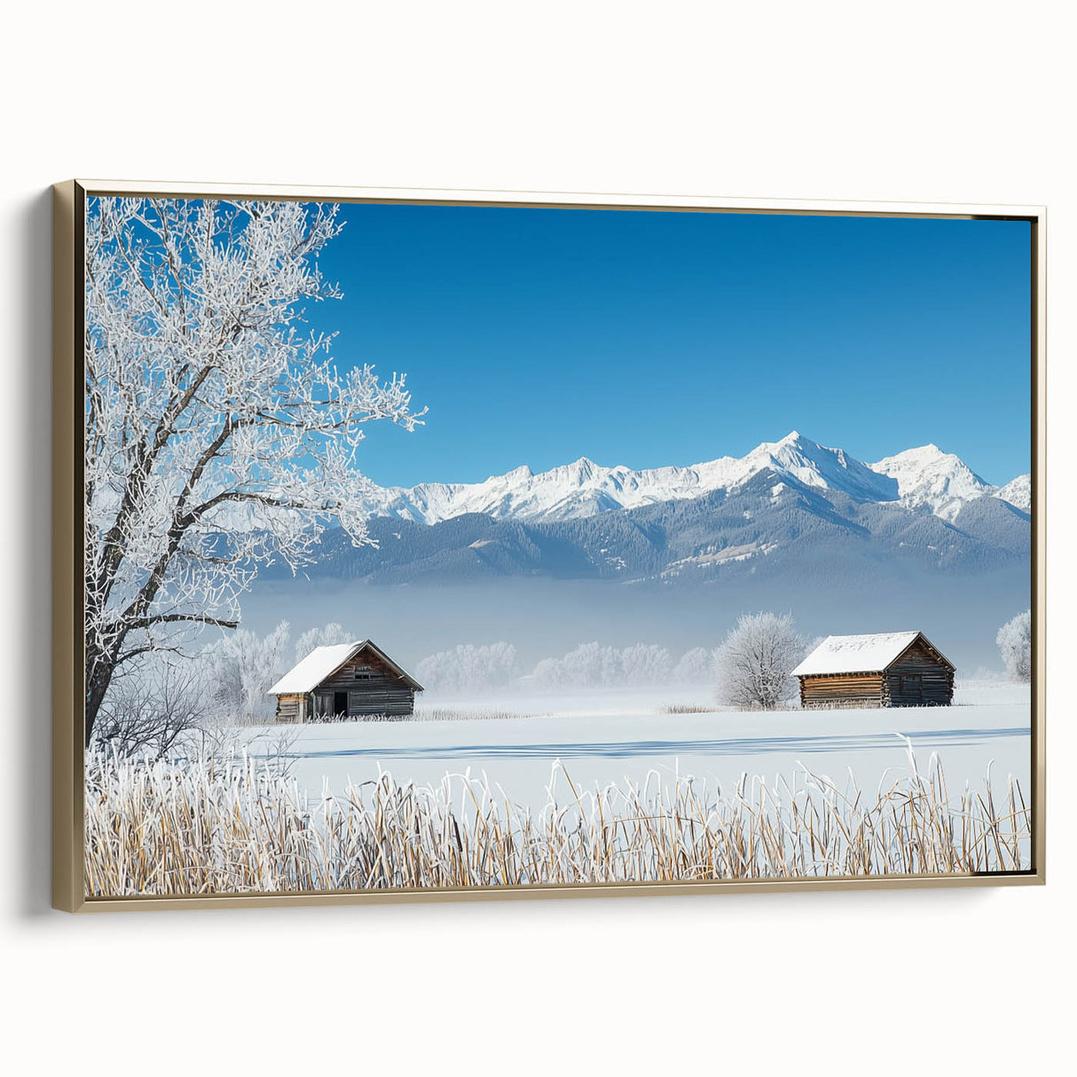 Framed canvas artwork depicting serene landscape fields in vibrant colors, featuring a gold frame, ideal for enhancing home decor and artistic ambiance.