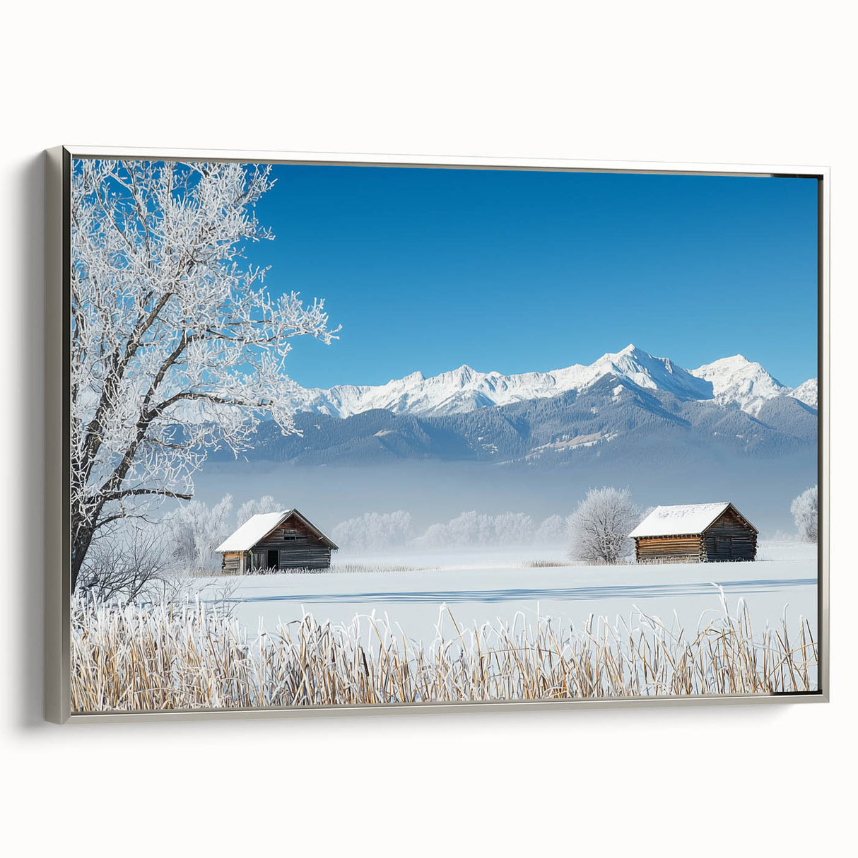 Framed canvas artwork showcasing a serene landscape of fields, presented in a sleek silver frame, perfect for enhancing modern home decor.