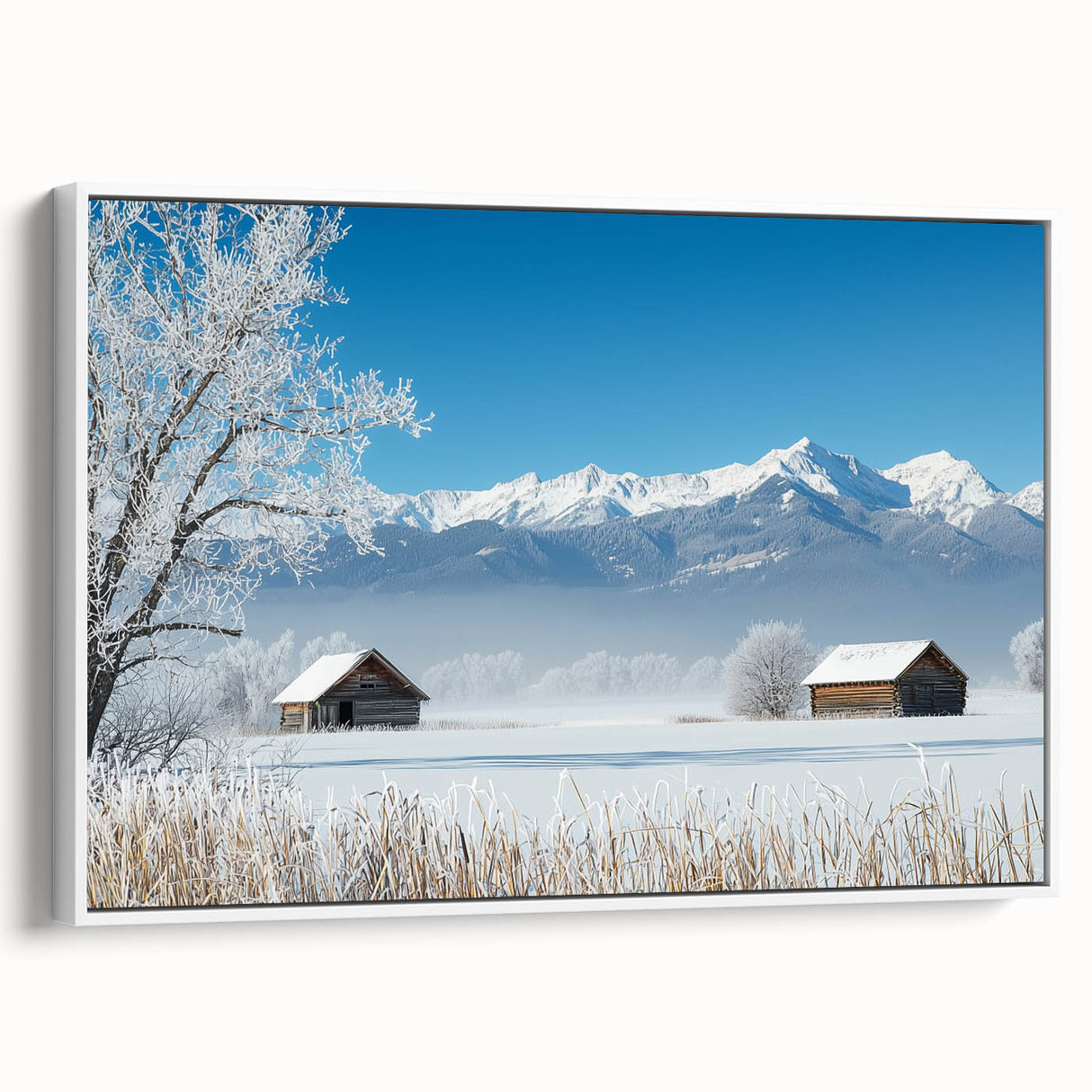 Framed canvas artwork depicting a serene landscape of rolling fields, showcasing vibrant greens and soft blues, with a sleek white frame, perfect for home decor.