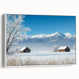 Framed canvas artwork depicting a serene landscape of rolling fields, showcasing vibrant greens and soft blues, with a sleek white frame, perfect for home decor.