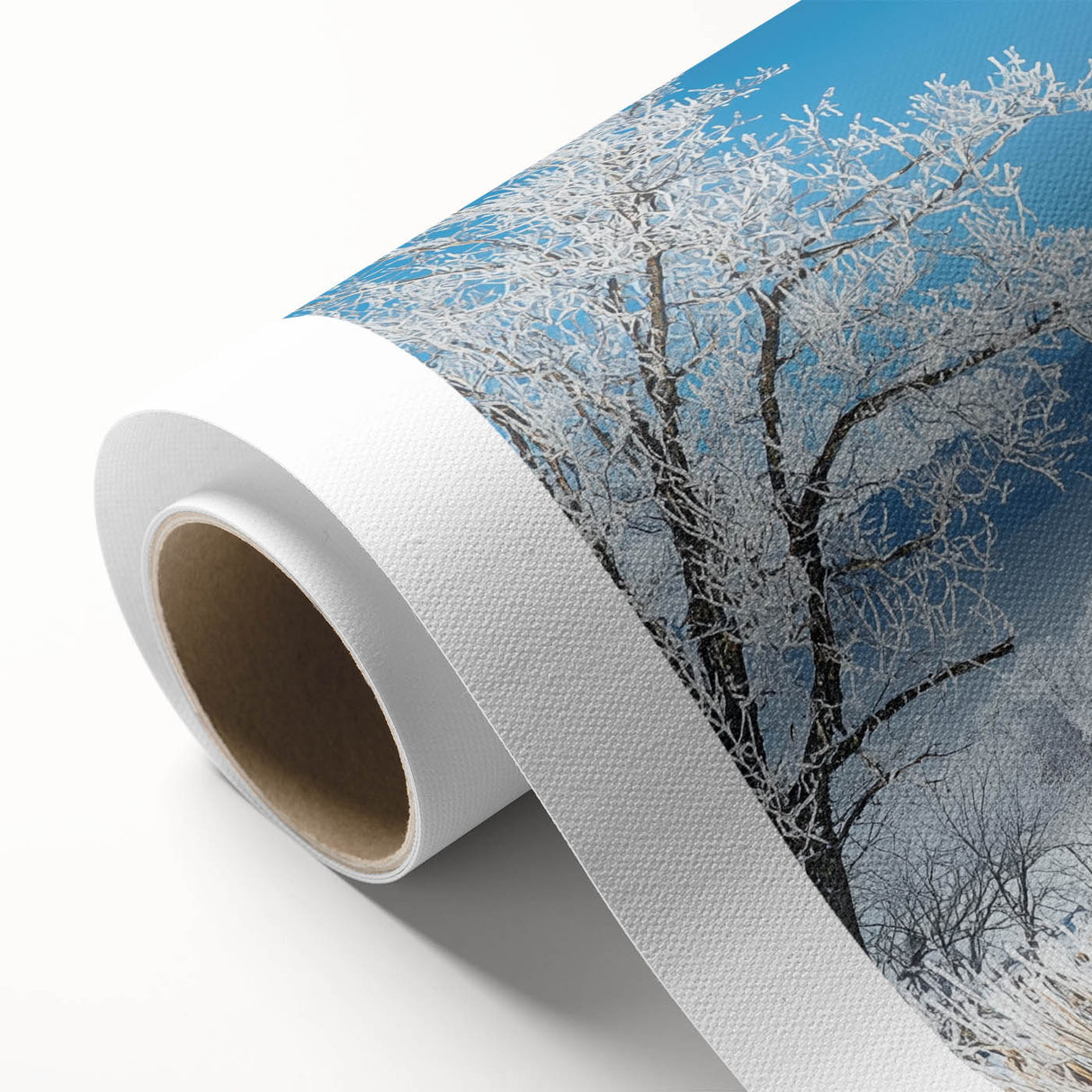 Vibrant rolled canvas showcasing a picturesque landscape of lush green fields under a bright blue sky, perfect for home decor or art enthusiasts.
