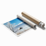 Vibrant landscape print of rolling fields and blue skies, expertly rolled for shipping in a protective cardboard tube, showcasing rich colors and details.