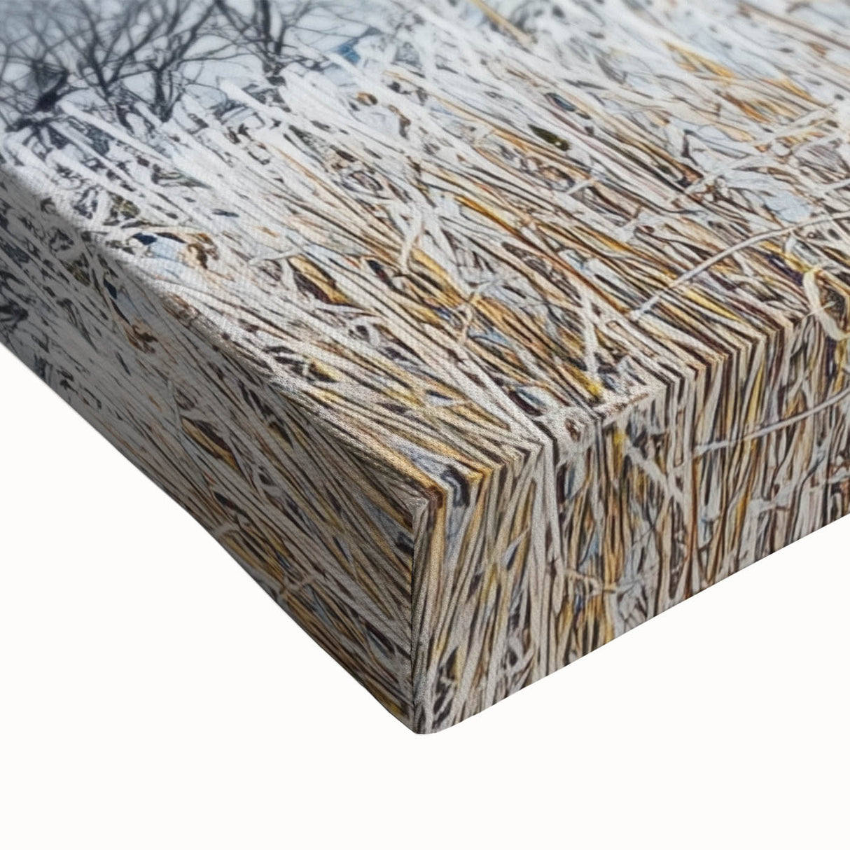 Close-up of a stretched canvas artwork depicting vibrant green fields under a clear blue sky, showcasing intricate brush strokes and textures for a dynamic landscape effect. Perfect for home décor enthusiasts seeking nature-inspired art.