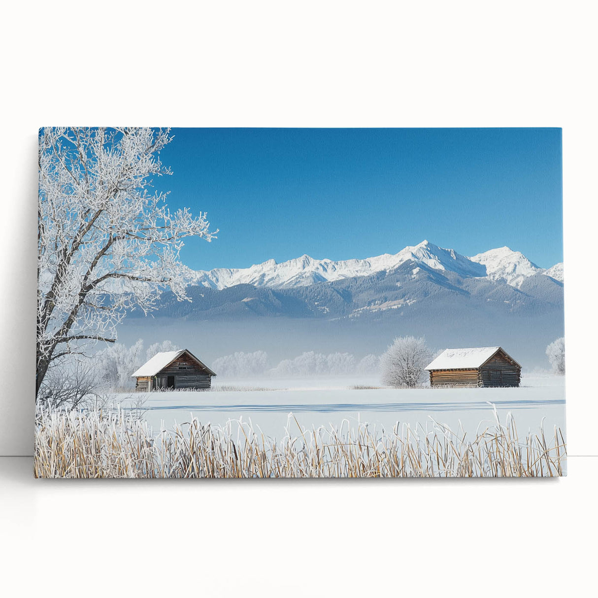 Stretched canvas artwork depicting vibrant green fields under a clear blue sky, adding a serene touch to home decor, perfect for nature lovers and minimalist aesthetics.