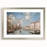 Silver-framed landscape artwork with a white mat, showcasing picturesque scenery. Ideal for home decor, enhancing living spaces with elegance and charm.