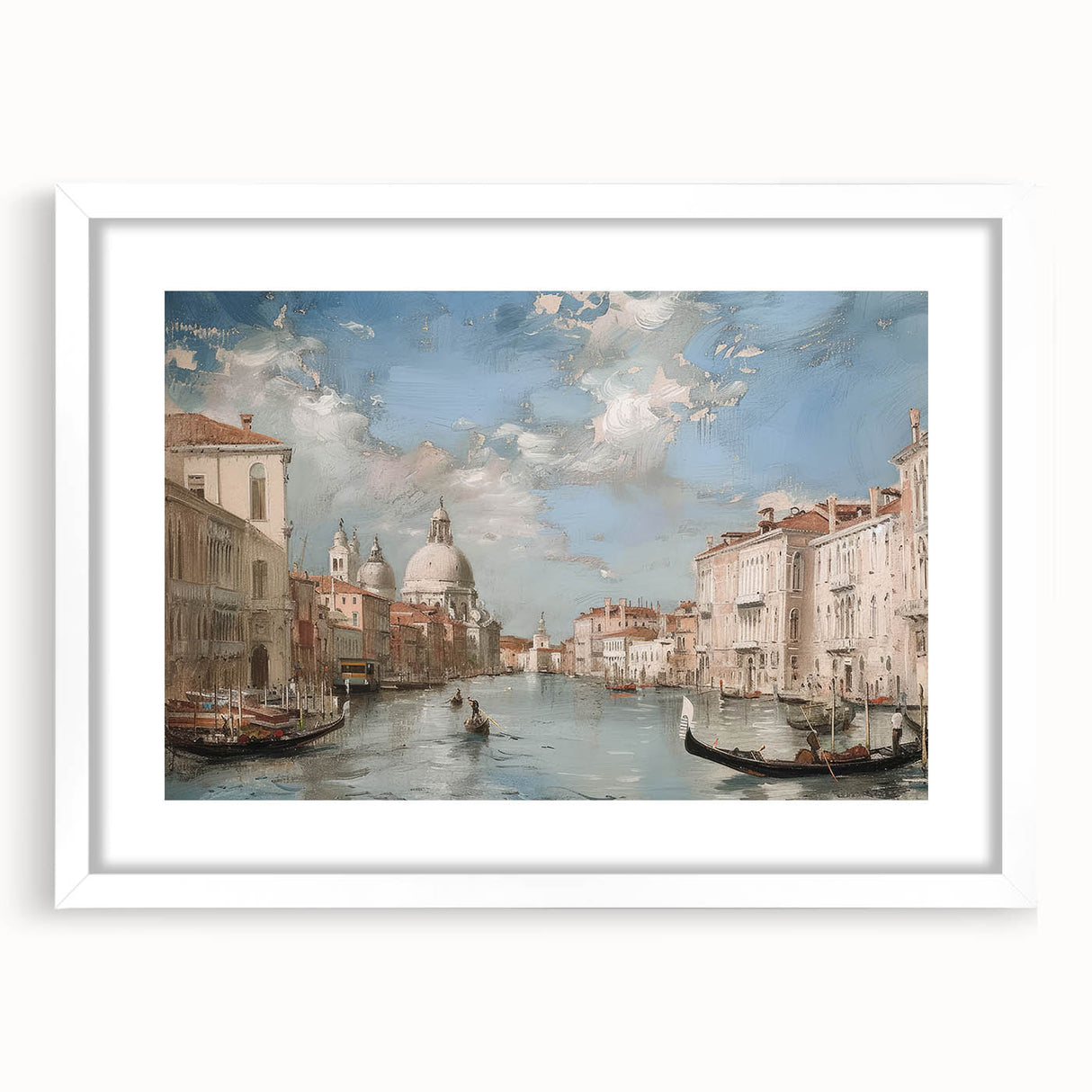 White frame showcasing a landscape print with a mat, emphasizing vibrant colors and intricate details, perfect for home decor or office aesthetics.