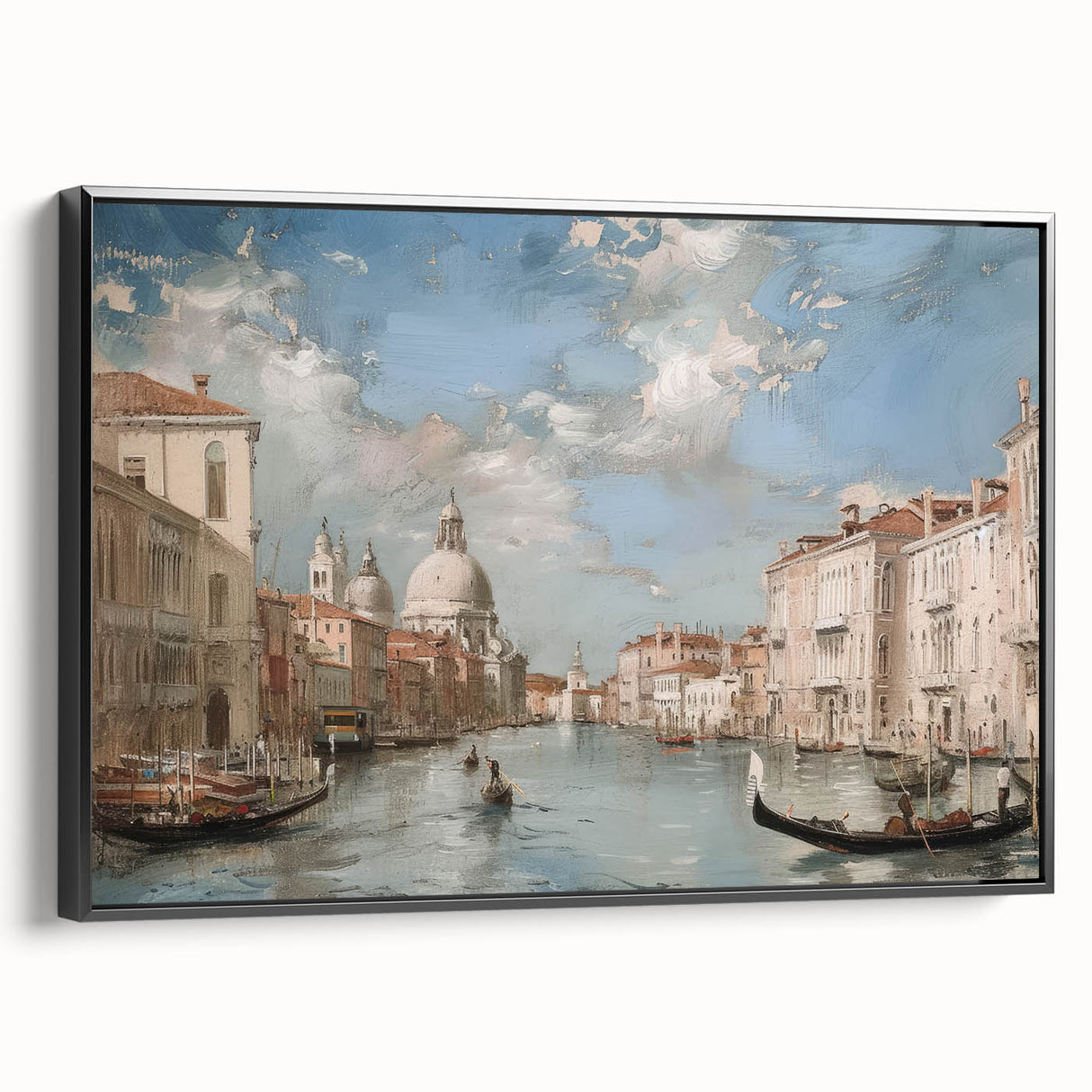 Framed black canvas showcasing a serene landscape design, neatly displayed in a side view to highlight its elegant edges, perfect for home decor.
