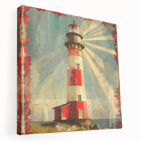 Stretched canvas wall art showcasing a serene lighthouse landscape at sunset, featuring vibrant colors and intricate details, perfect for coastal decor enthusiasts.