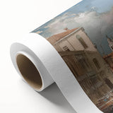 Rolled canvas artwork showcasing a vibrant landscape design, featuring rich colors and intricate details, tightly secured in a protective cardboard tube for safe shipping.