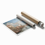 Vibrant rolled landscape print showcasing a serene mountain scene in rich colors, packaged in a durable cardboard tube for safe shipping and storage.