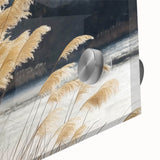 Close-up floral acrylic print in vibrant pink and green tones, ideal for dining room art with a mid-century modernist style.