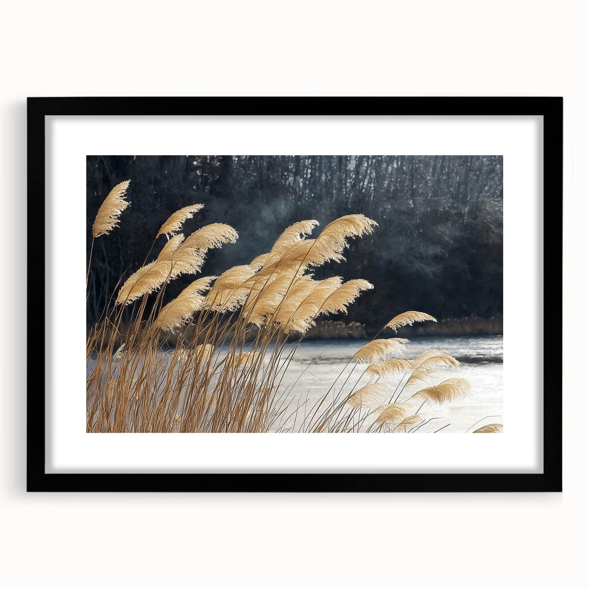 Extra large, abstract art print on canvas featuring a textured design of vivid florals in a black frame.
