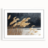 Abstract art print of vivid blue and green floral patterns on a white framed canvas, suited for dining room or bedroom decor.