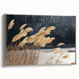Landscape art painting of colorful florals on a black background, framed in silver, ideal for modern living room decor.
