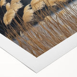 Art deco poster featuring close-up floral designs in soft pastel colors on rolled canvas.