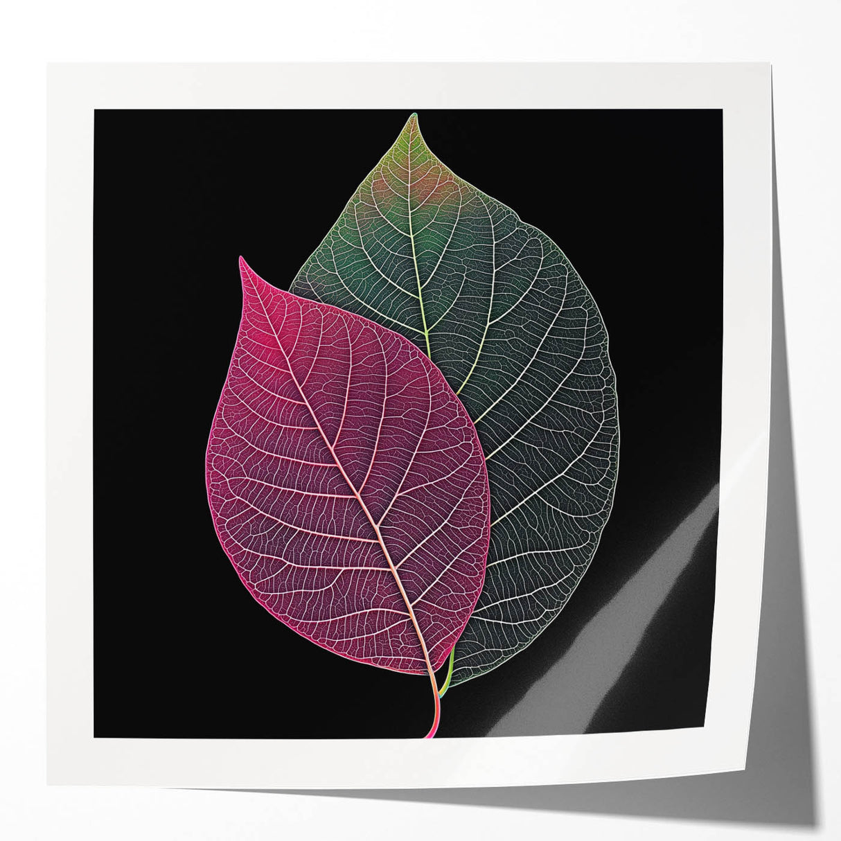 Close-up of green leaves in a glossy photo print, ideal for art wall dining room or classy bathroom decor.