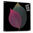 Close-up of green leaves on acrylic glass, subtle green and yellow tones, ideal for dining room art.