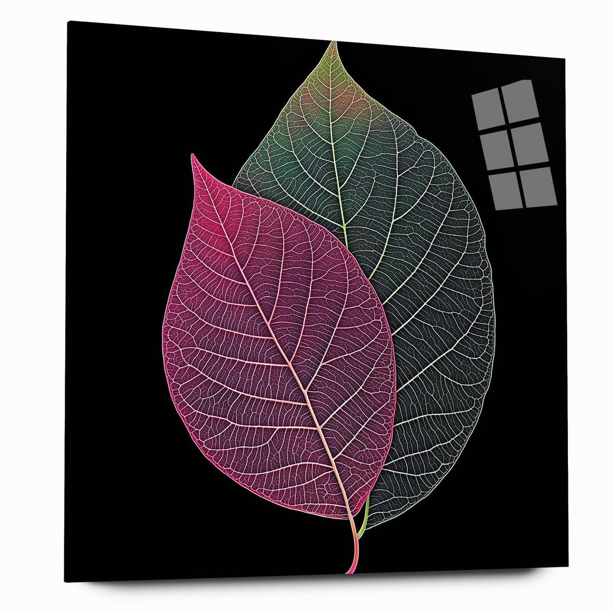 Large abstract wall art of close-up green leaves on acrylic glass, ideal for bedroom or dining room decor.