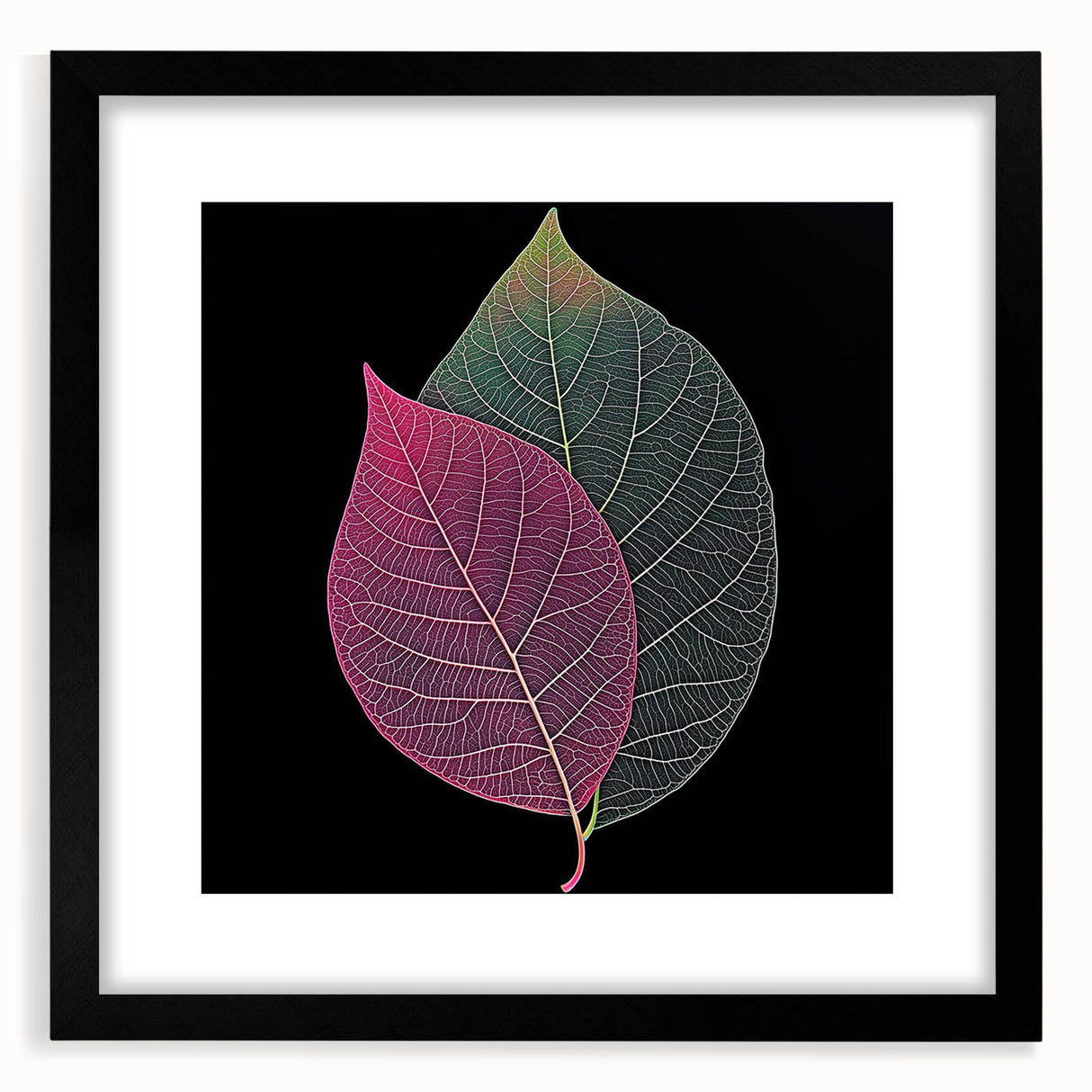 Extra large abstract art print featuring textured, colorful leaves on a black framed canvas, ideal for living room decor.