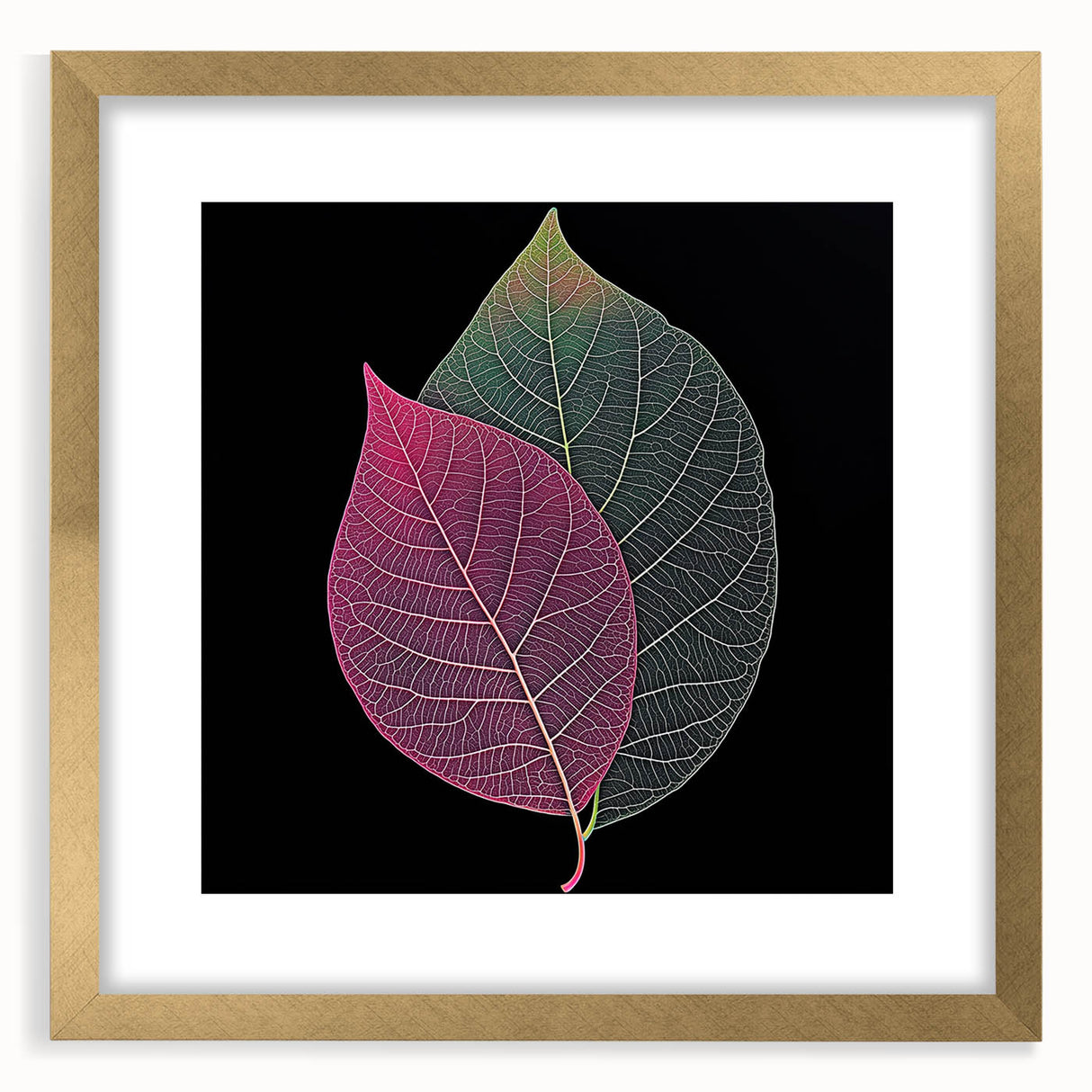 Extra large abstract art print featuring textured close-ups of leaves in muted green and gold tones, framed in gold.