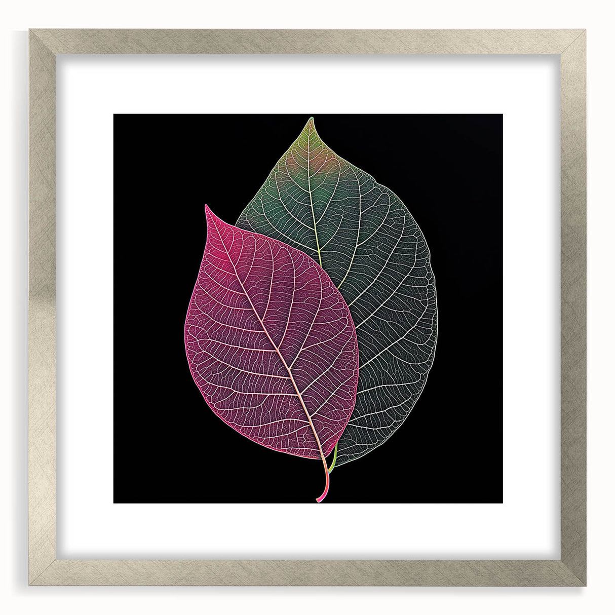 Textured art print of close-up leaves in abstract style with muted green and brown tones, framed in silver.
