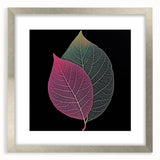Textured art print of close-up leaves in abstract style with muted green and brown tones, framed in silver.